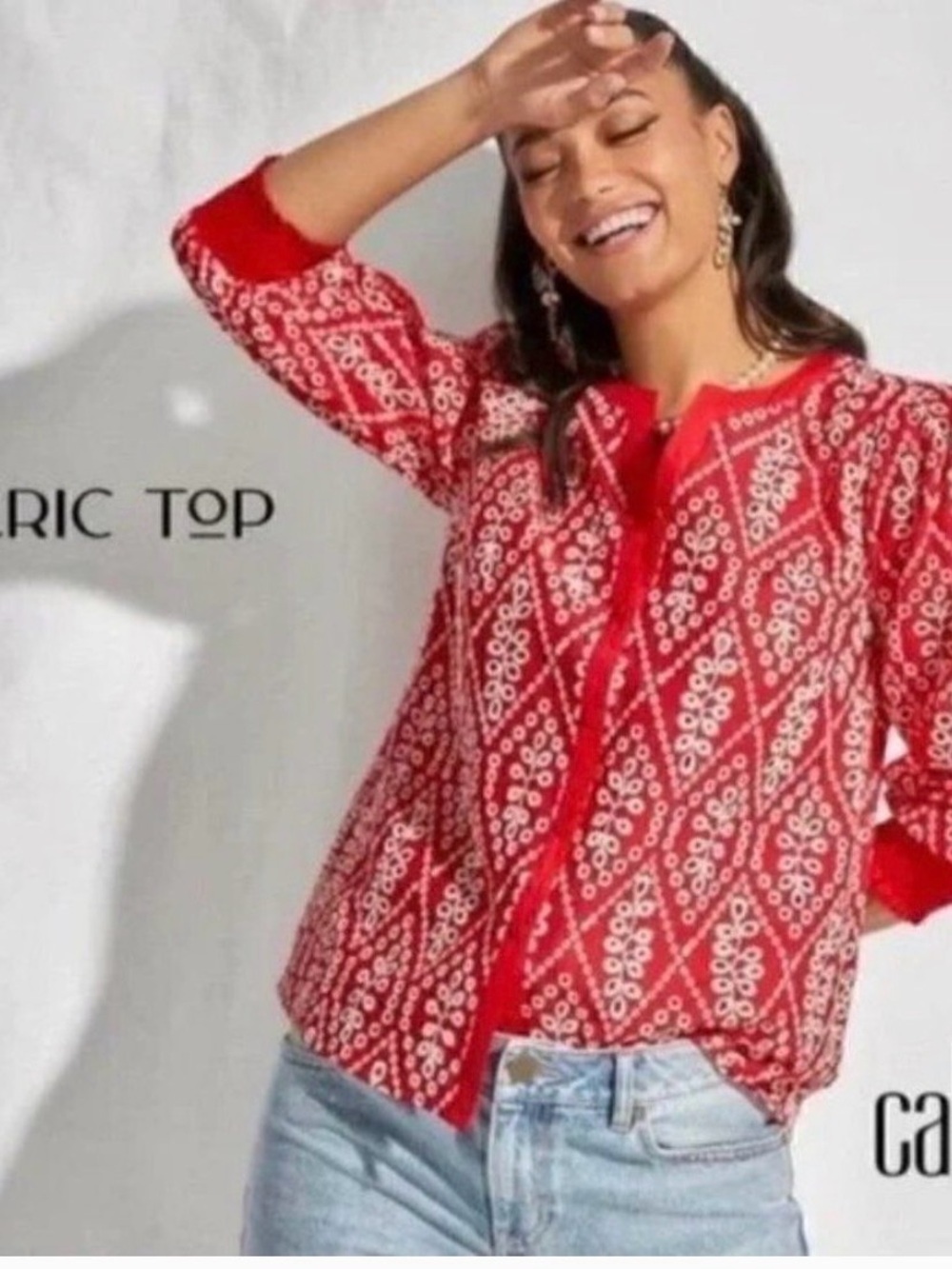 CAbi Red and White Button-Down Embroidered Top ptp 18 $169